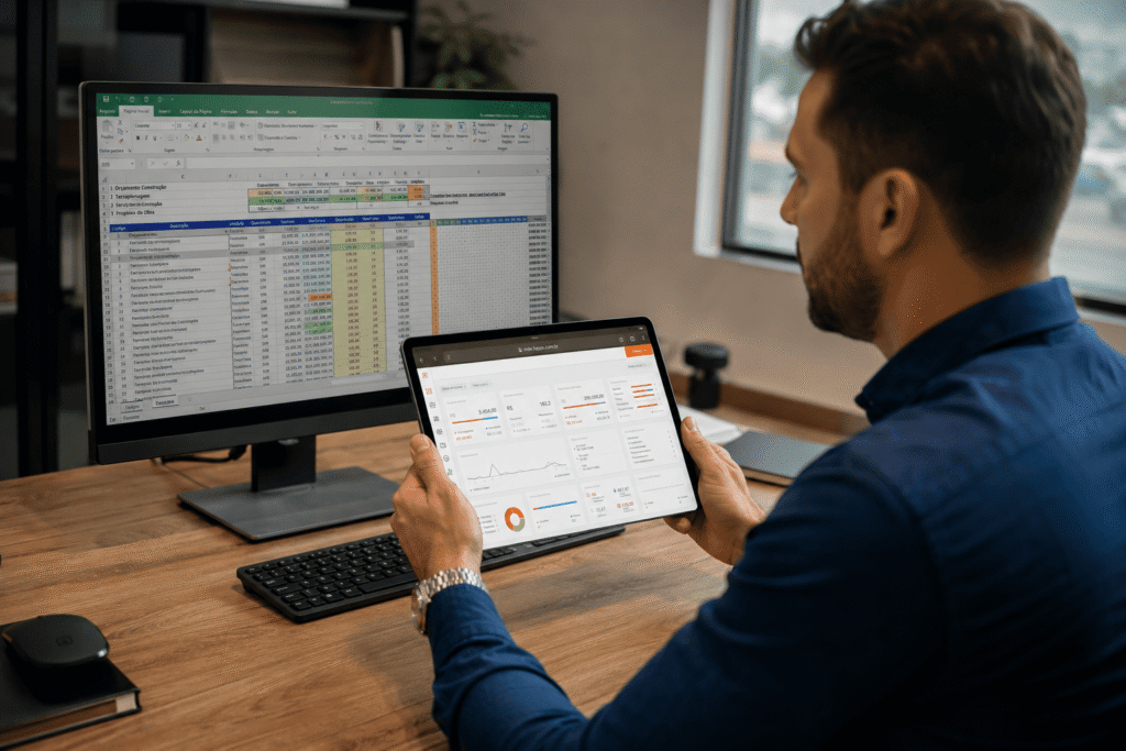Gestor de construtora comparando planilha no computador com painel de controle de ERP em tablet
