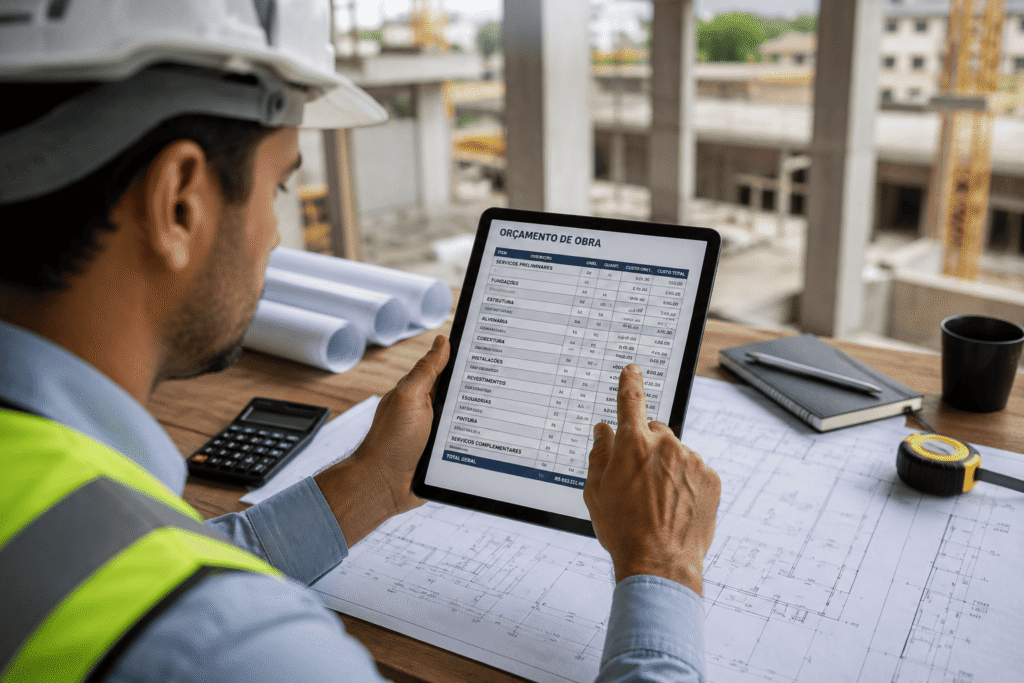Engenheiro analisando orçamento de obra em tablet com planilha de custos.