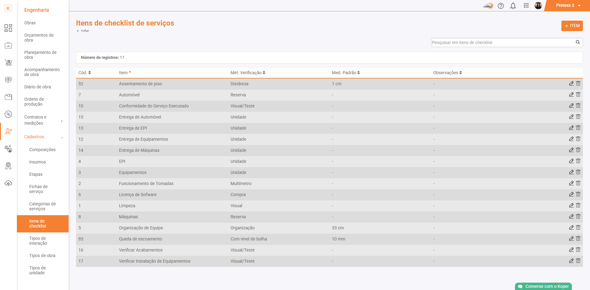 Itens de checklist