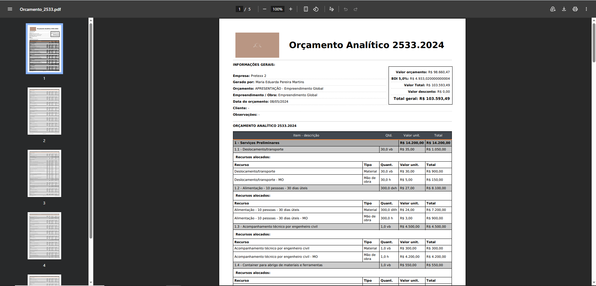 ORÇAMENTO ANALÍTICO
