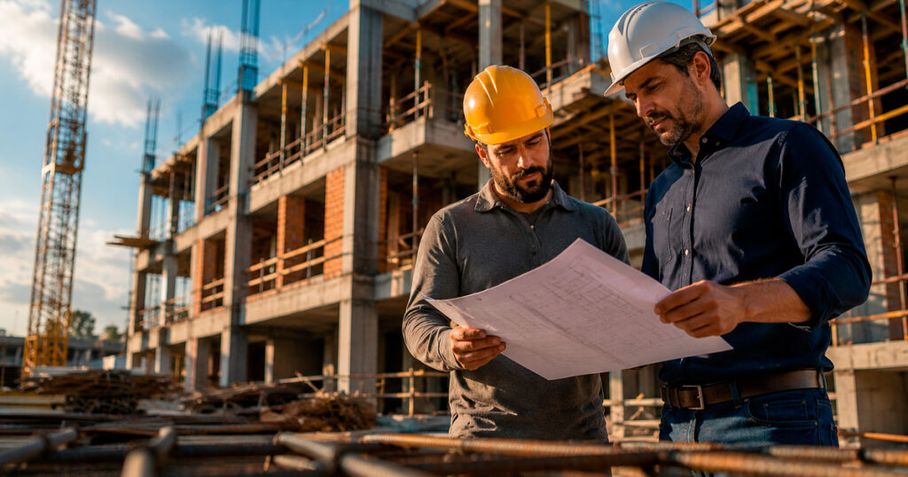 Gestor de obras revisando contrato com subcontratado no canteiro, com estrutura de obra ao fundo