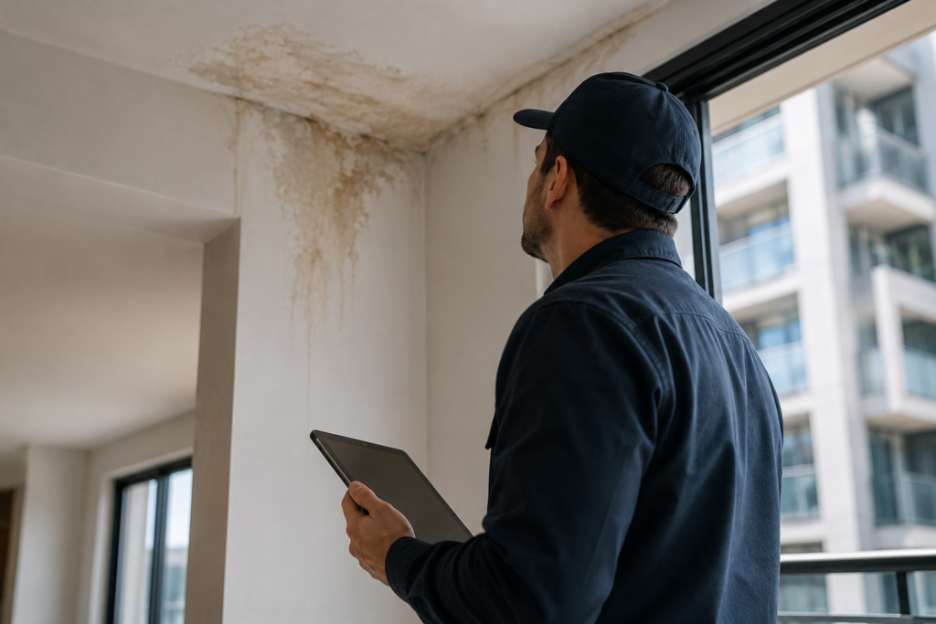 Técnico de assistência técnica vistoriando uma infiltração em apartamento recém-entregue