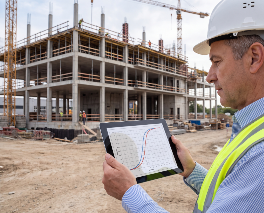 Engenheiro comparando o gráfico de curva S da obra no tablet com a estrutura em execução ao fundo
