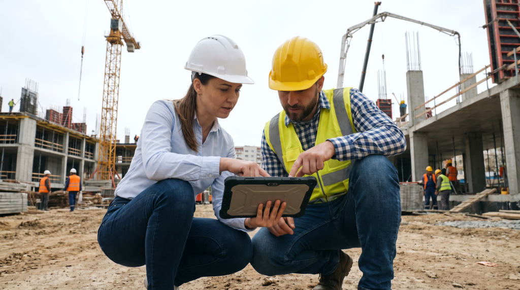 Auditor e engenheiro conferindo registros de inspeção em tablet dentro do canteiro de obras
