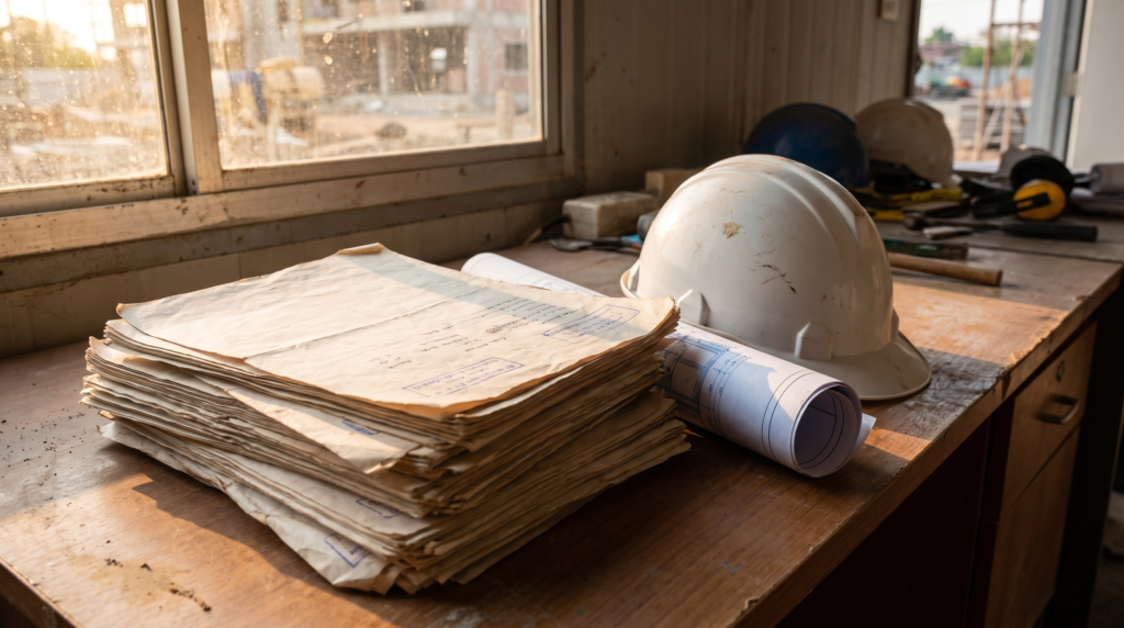 Notas fiscais de materiais empilhadas sobre a mesa do escritório de obra, ao lado de capacete e planta
