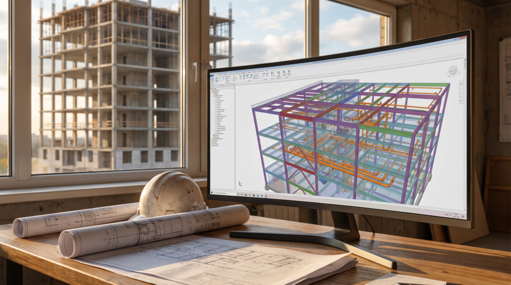 Modelo digital tridimensional de edificação sobreposto a obra em execução