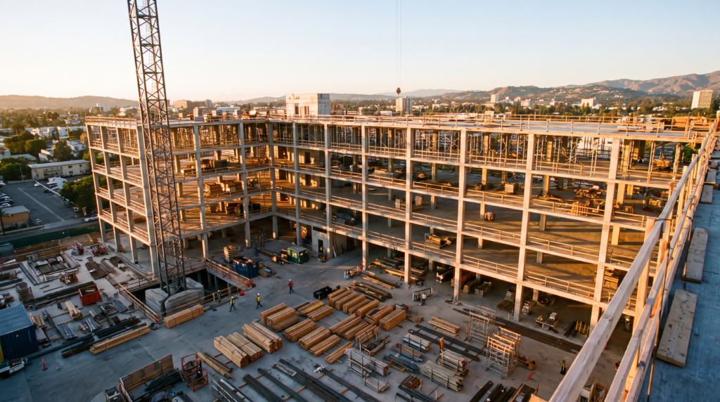 Vista elevada de canteiro de obras em atividade, com estrutura em concreto, guindaste e materiais organizados por frente