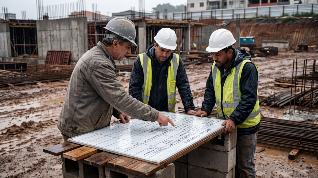 Engenheiro e encarregados em reunião de planejamento semanal no canteiro de obras, com o cronograma da semana à frente