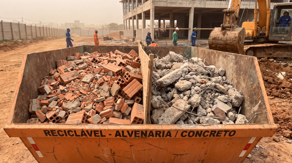 Caçamba de entulho em canteiro de obras, com resíduos de alvenaria e concreto separados para retirada