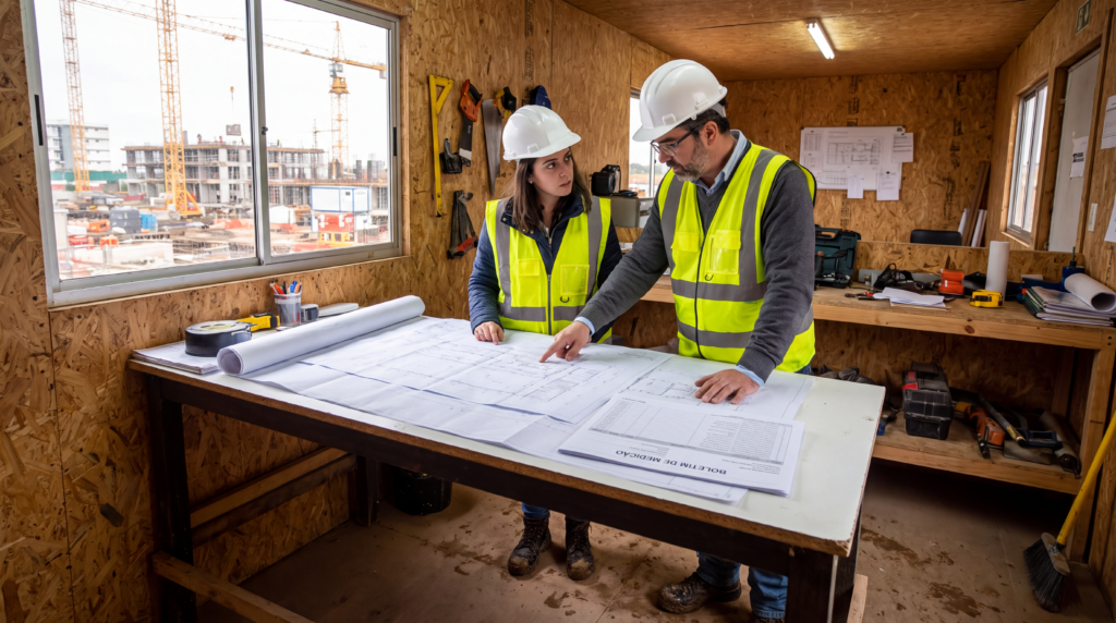 Engenheira e empreiteiro conferindo planta e boletim de medição sobre uma mesa no escritório do canteiro de obras