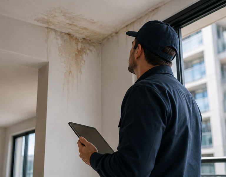 Técnico de assistência técnica vistoriando uma infiltração em apartamento recém-entregue