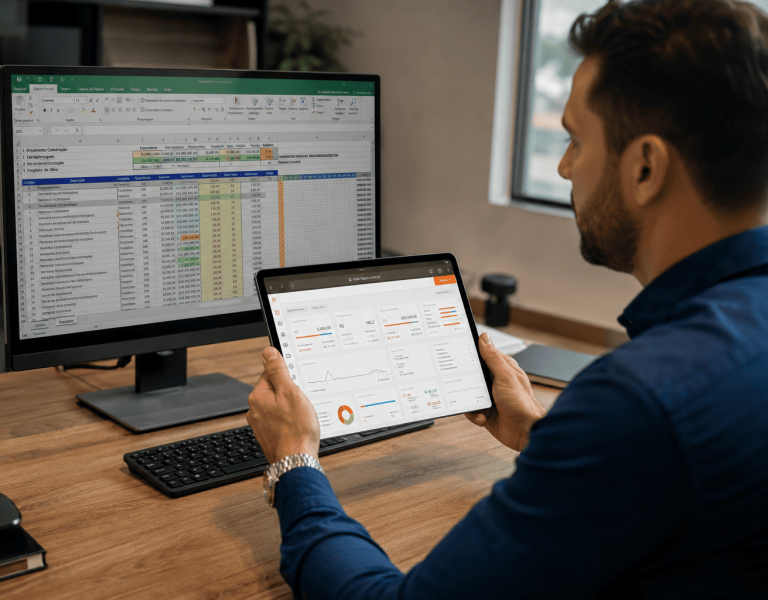 Gestor de construtora comparando planilha no computador com painel de controle de ERP em tablet