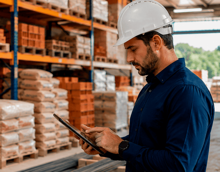 Engenheiro verificando o Controle de estoque de materiais de construção