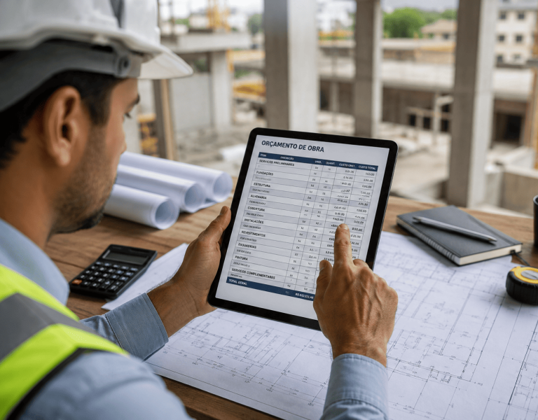 Engenheiro analisando orçamento de obra em tablet com planilha de custos.