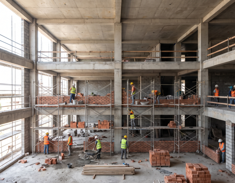 Equipe de pedreiros e serventes trabalhando em frente de alvenaria em obra de estrutura de concreto