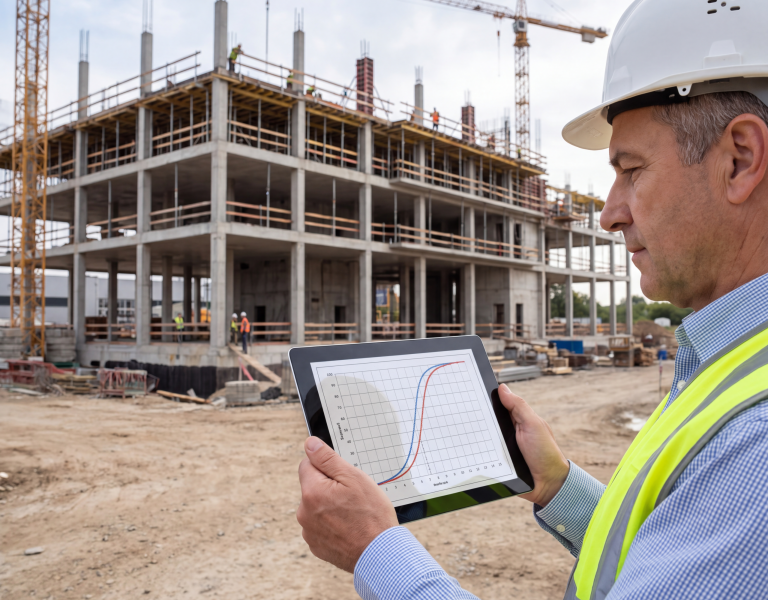 Engenheiro comparando o gráfico de curva S da obra no tablet com a estrutura em execução ao fundo