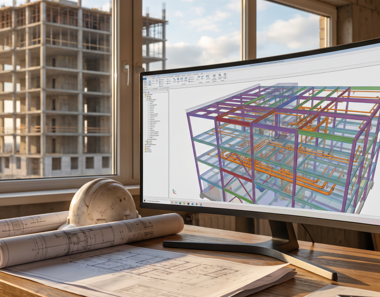 Modelo digital tridimensional de edificação sobreposto a obra em execução