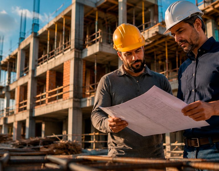 Gestor de obras revisando contrato com subcontratado no canteiro, com estrutura de obra ao fundo