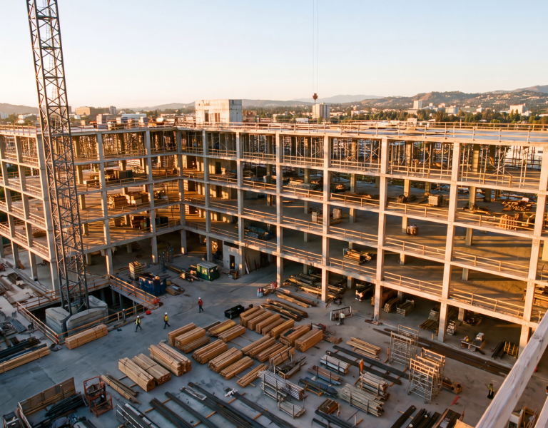 Vista elevada de canteiro de obras em atividade, com estrutura em concreto, guindaste e materiais organizados por frente