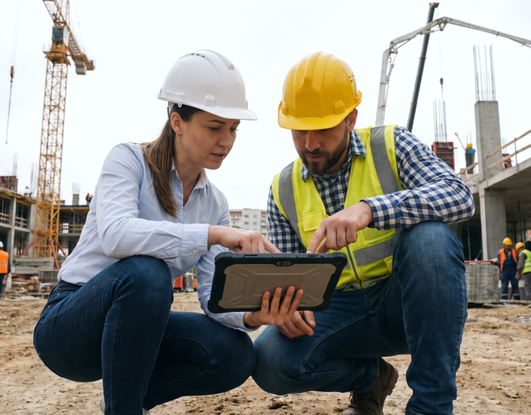 Auditor e engenheiro conferindo registros de inspeção em tablet dentro do canteiro de obras