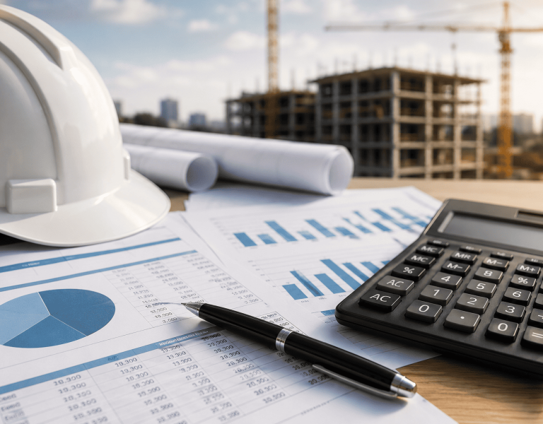 Engenheiro calculando BDI em planilha de orçamento de obra com composição de custos detalhada